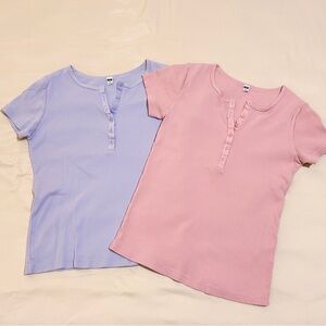 2 Pcs Pack - Uniqlo U Neck T Shirt Size S - Set of 2 - Blue and Pink